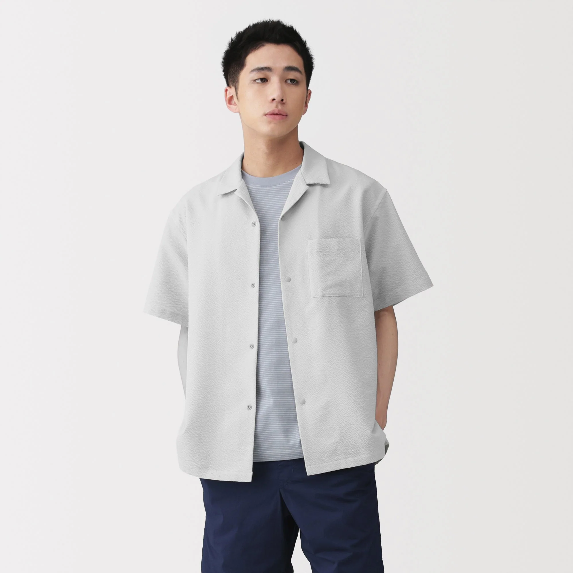 Breathable Seersucker Open Collar Shirt - Image 3