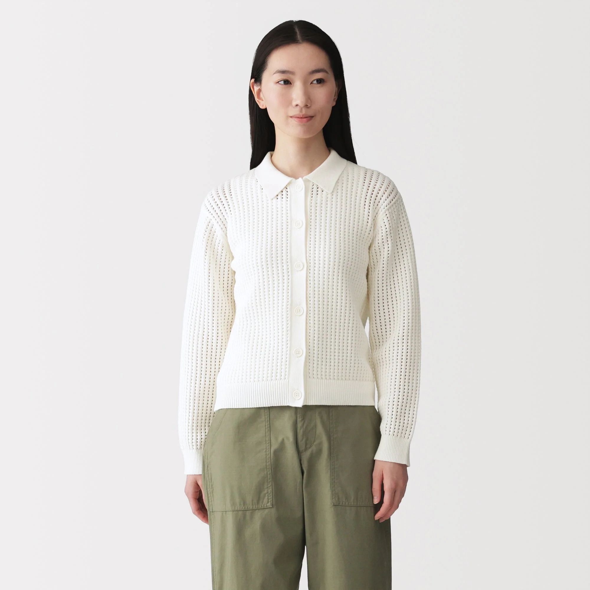 Cotton Blend Mesh Polo Cardigan - Image 11