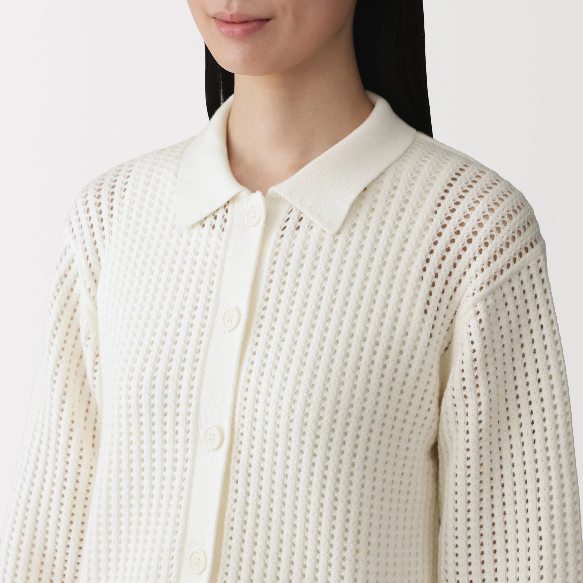 Cotton Blend Mesh Polo Cardigan - Image 15