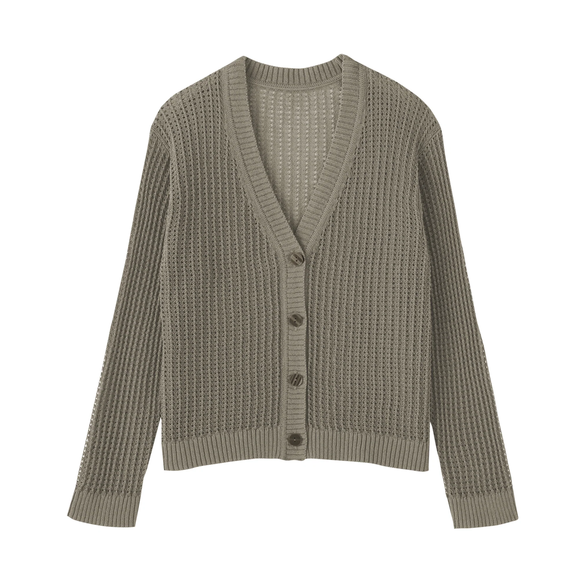 Linen Blend Mesh V-Neck Cardigan - Image 2