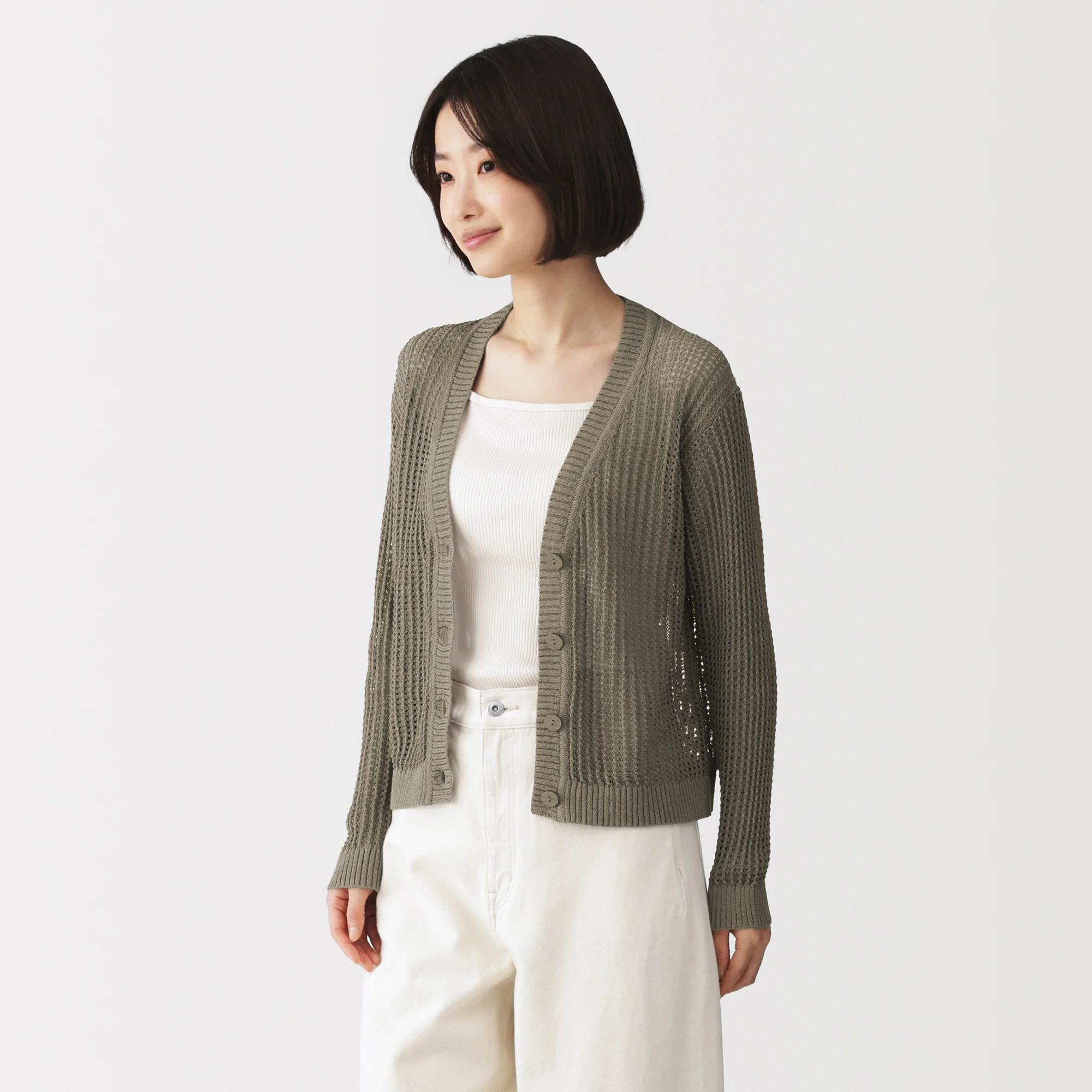 Linen Blend Mesh V-Neck Cardigan - Image 3