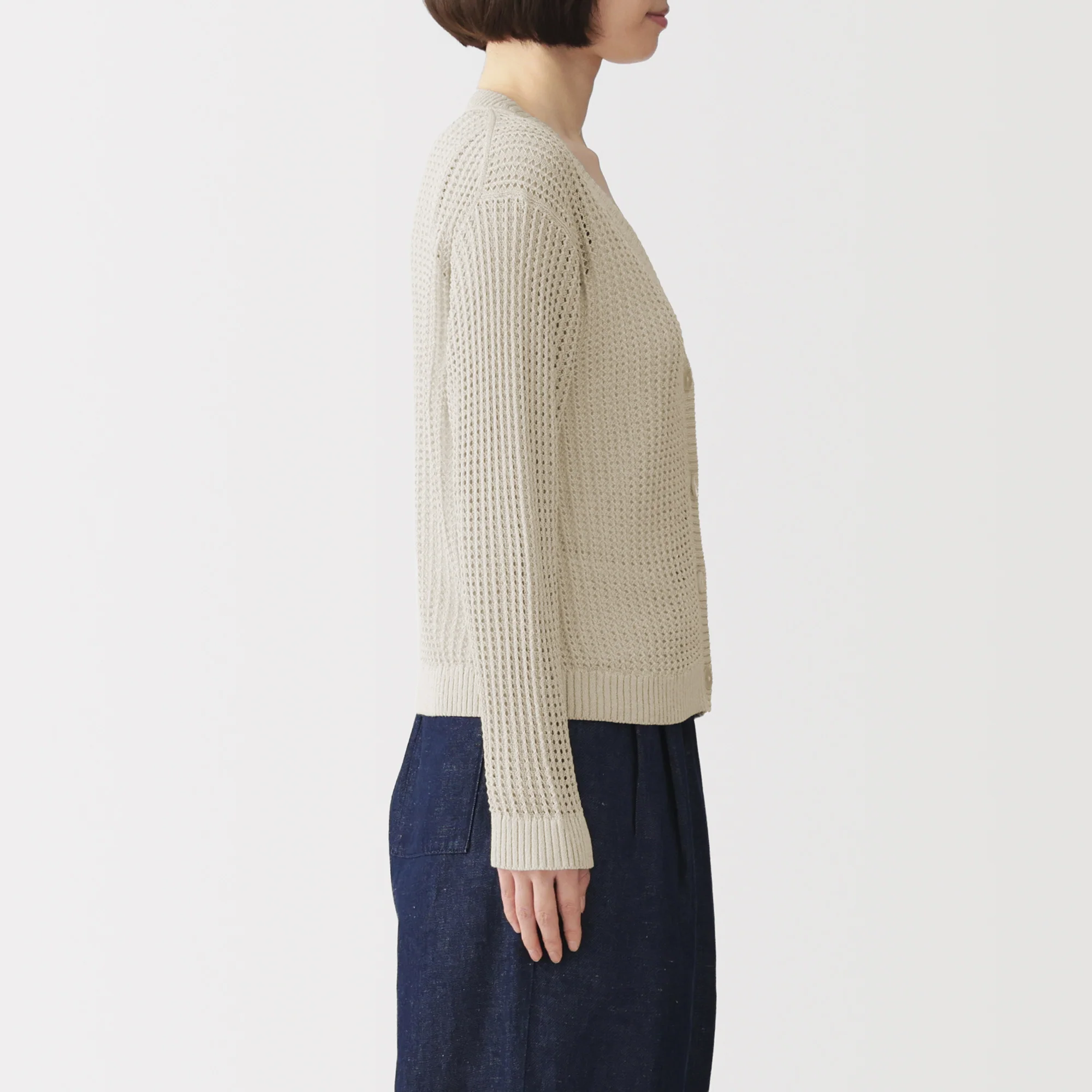 Linen Blend Mesh V-Neck Cardigan - Image 5