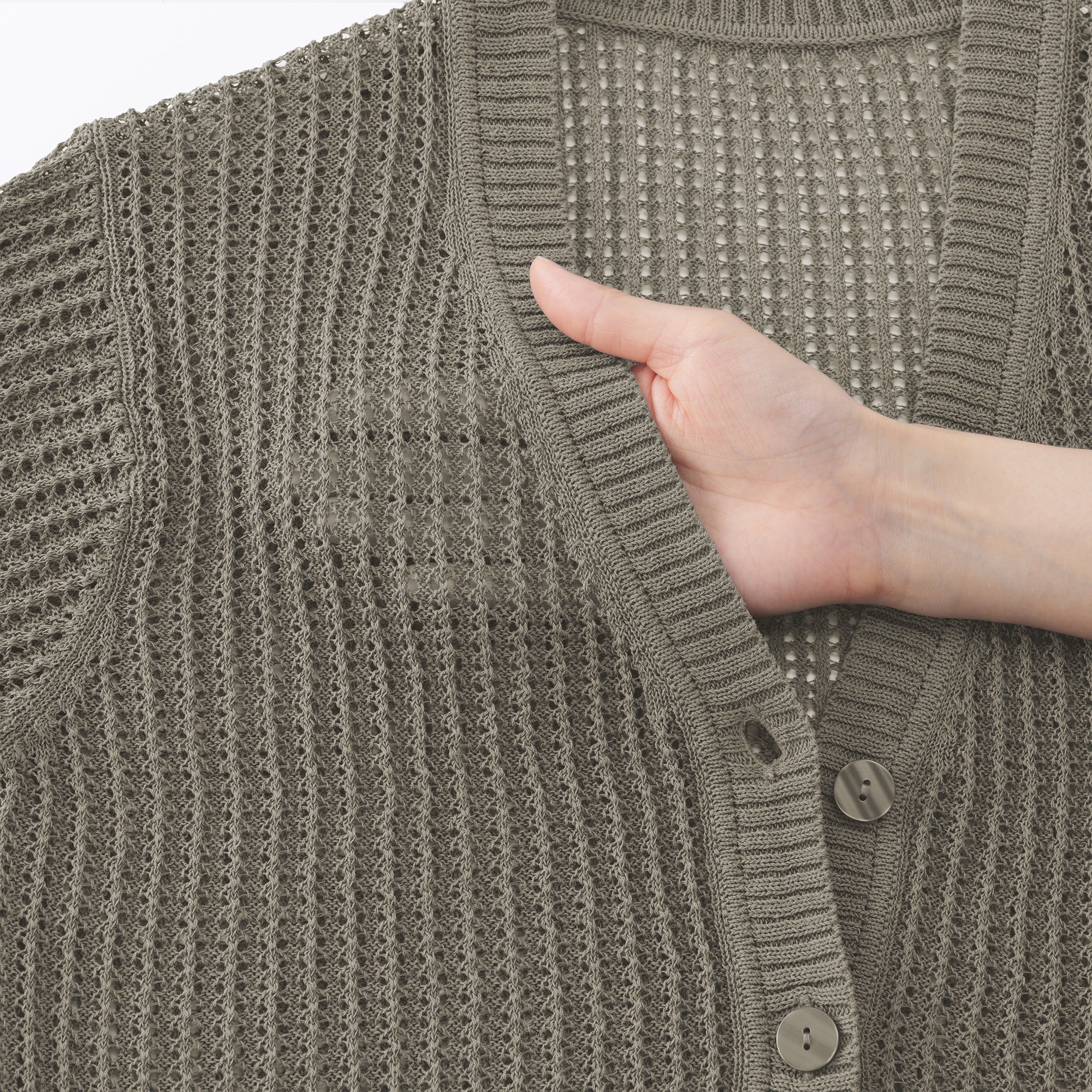 Linen Blend Mesh V-Neck Cardigan - Image 7