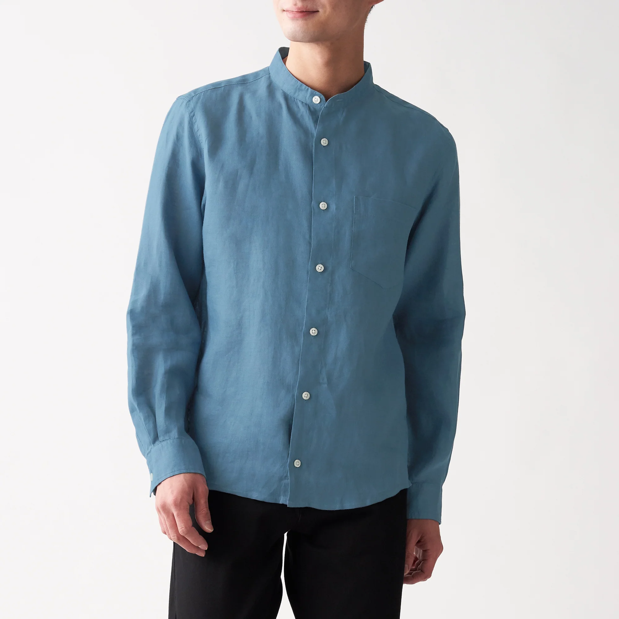 Men's French Linen Washed Stand Collar Shirt - Image 3