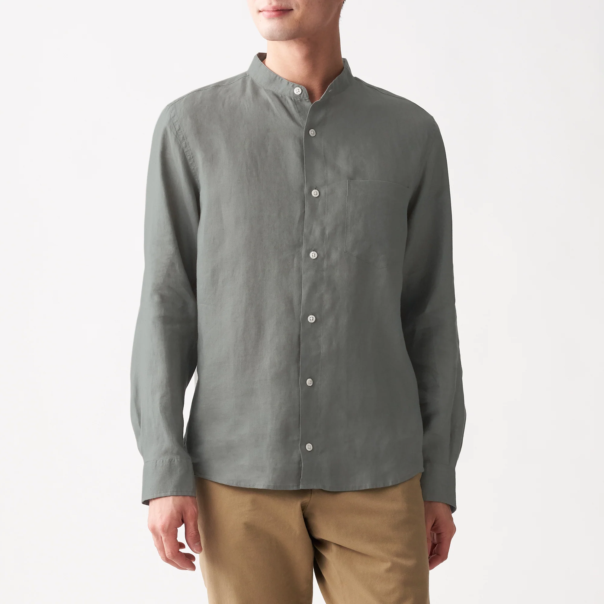 Men's French Linen Washed Stand Collar Shirt - Image 52