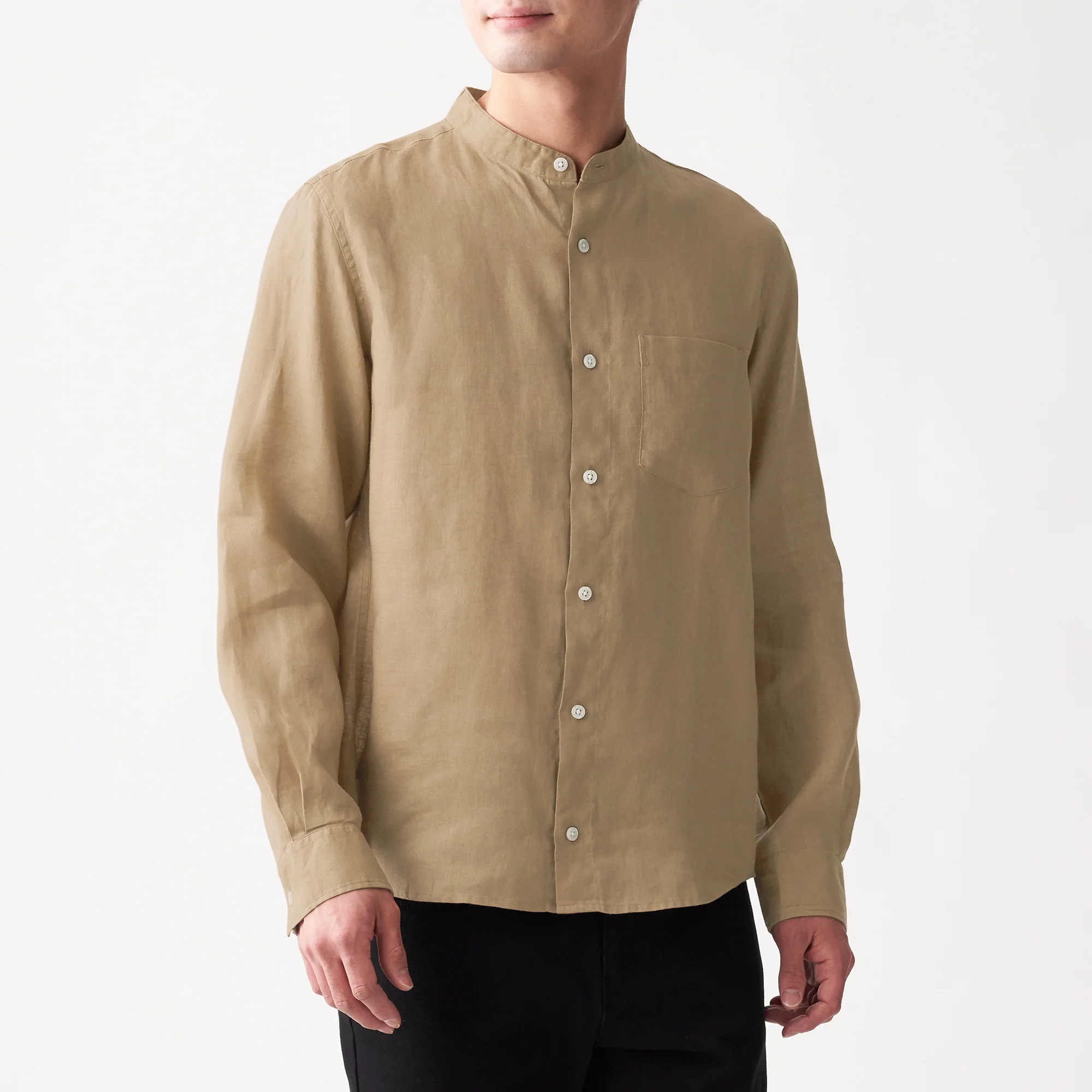 Men's French Linen Washed Stand Collar Shirt - Image 67