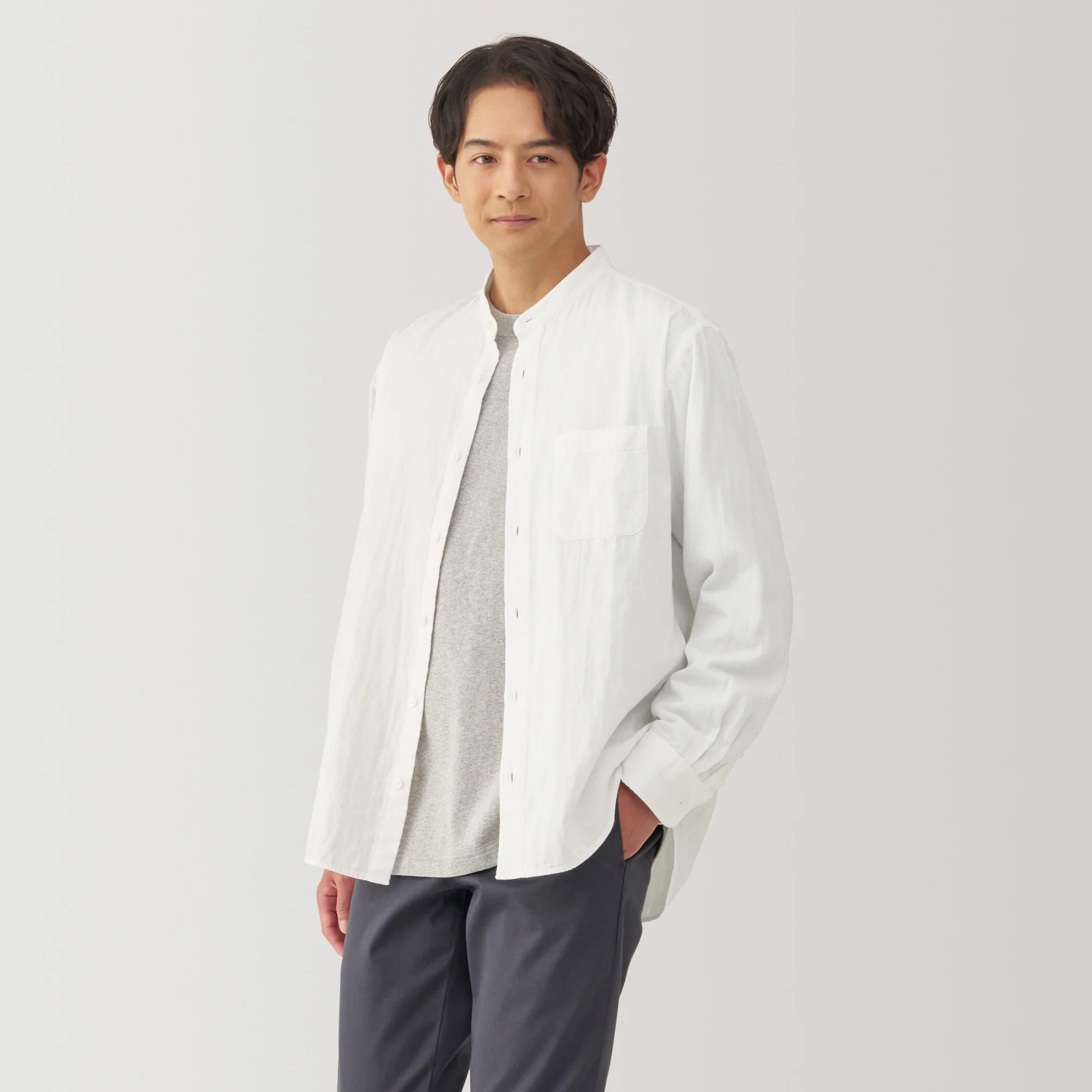 Men's Kapok Blend Double Gauze Stand Collar Long Sleeve Striped Shirt