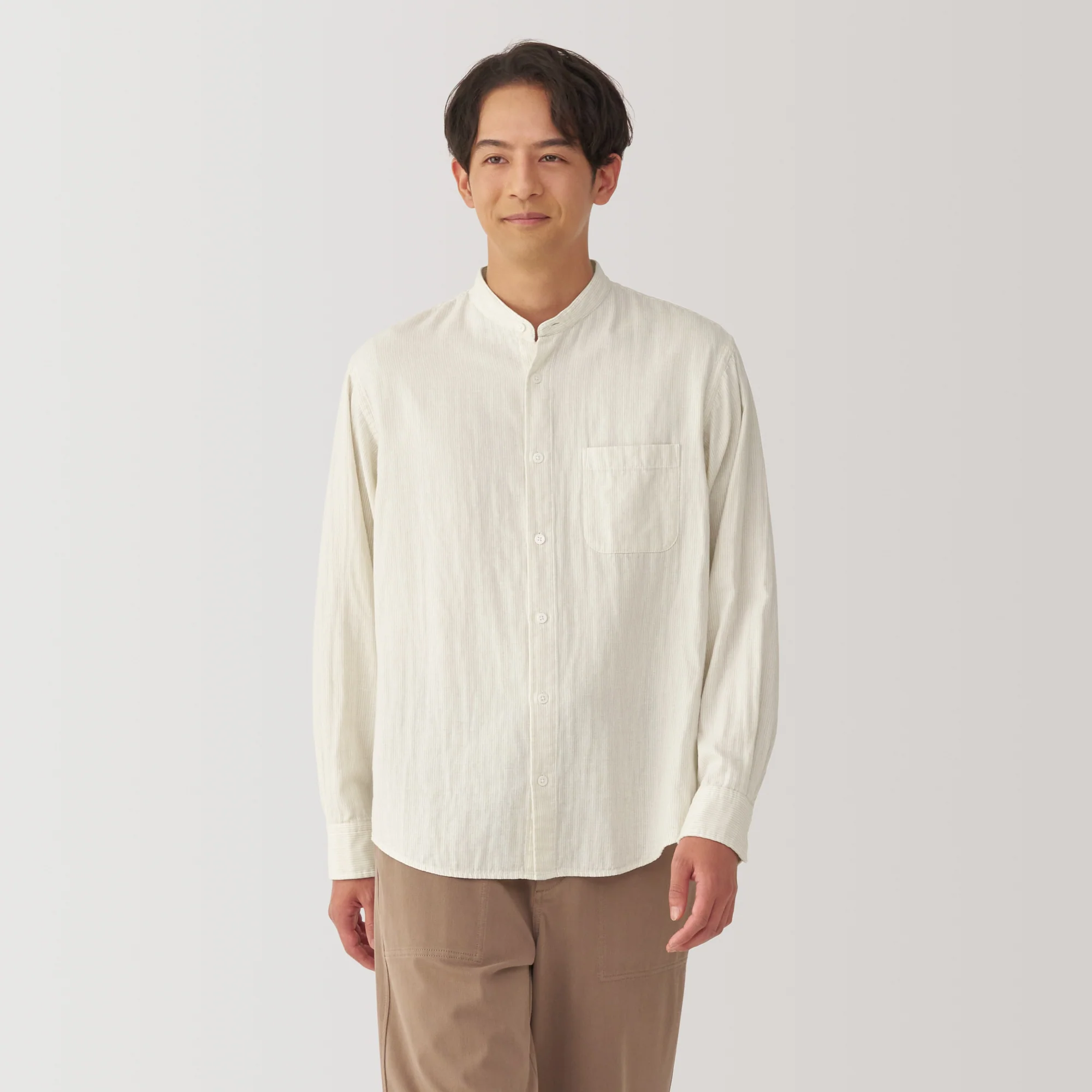 Men's Kapok Blend Double Gauze Stand Collar Long Sleeve Striped Shirt - Image 12