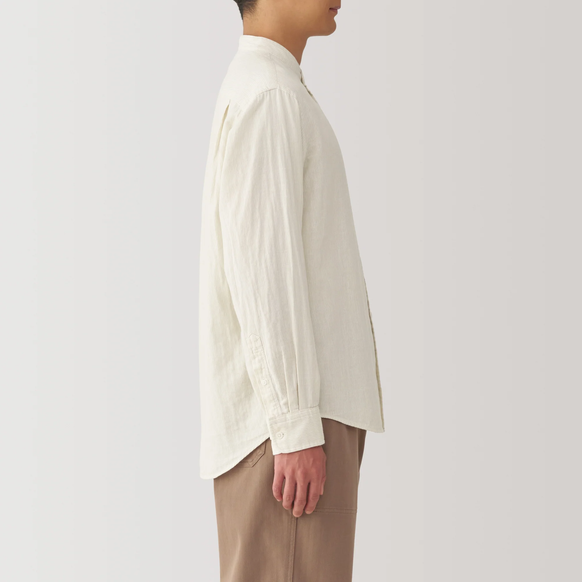 Men's Kapok Blend Double Gauze Stand Collar Long Sleeve Striped Shirt - Image 14