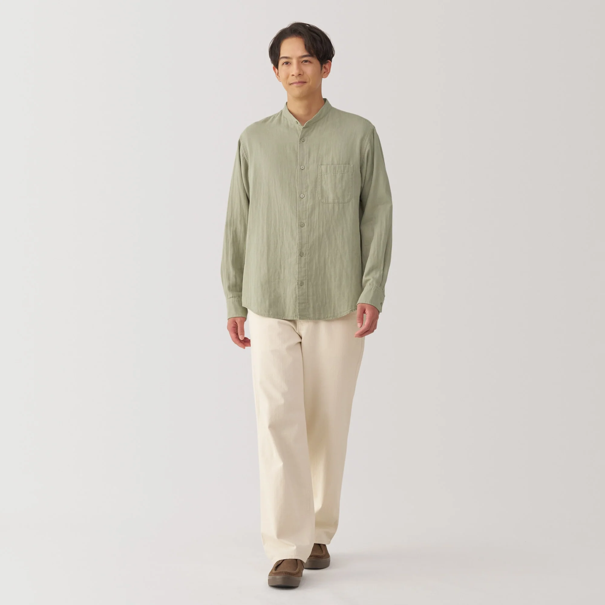 Men's Kapok Blend Double Gauze Stand Collar Long Sleeve Striped Shirt - Image 22