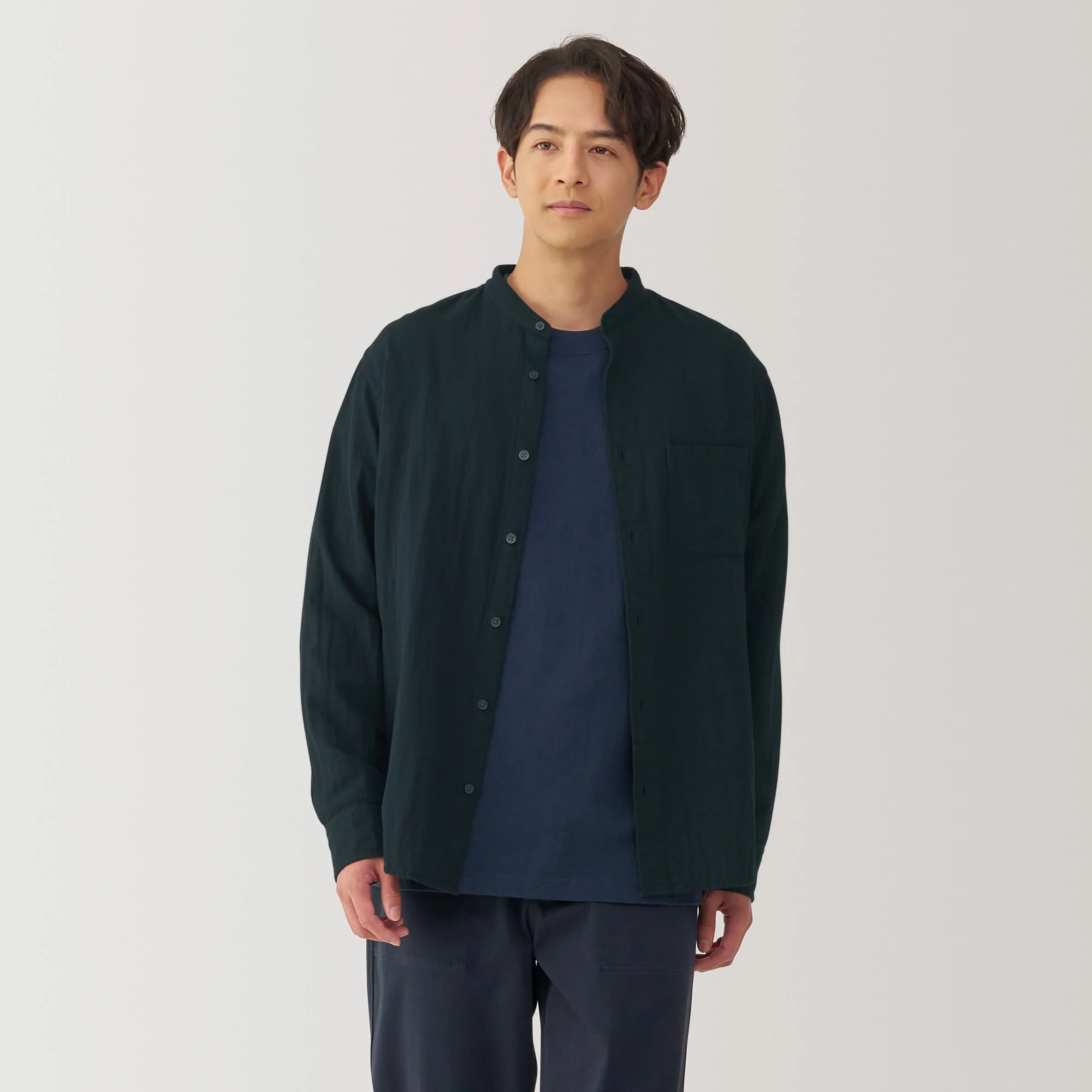Men's Kapok Blend Double Gauze Stand Collar Long Sleeve Striped Shirt - Image 30