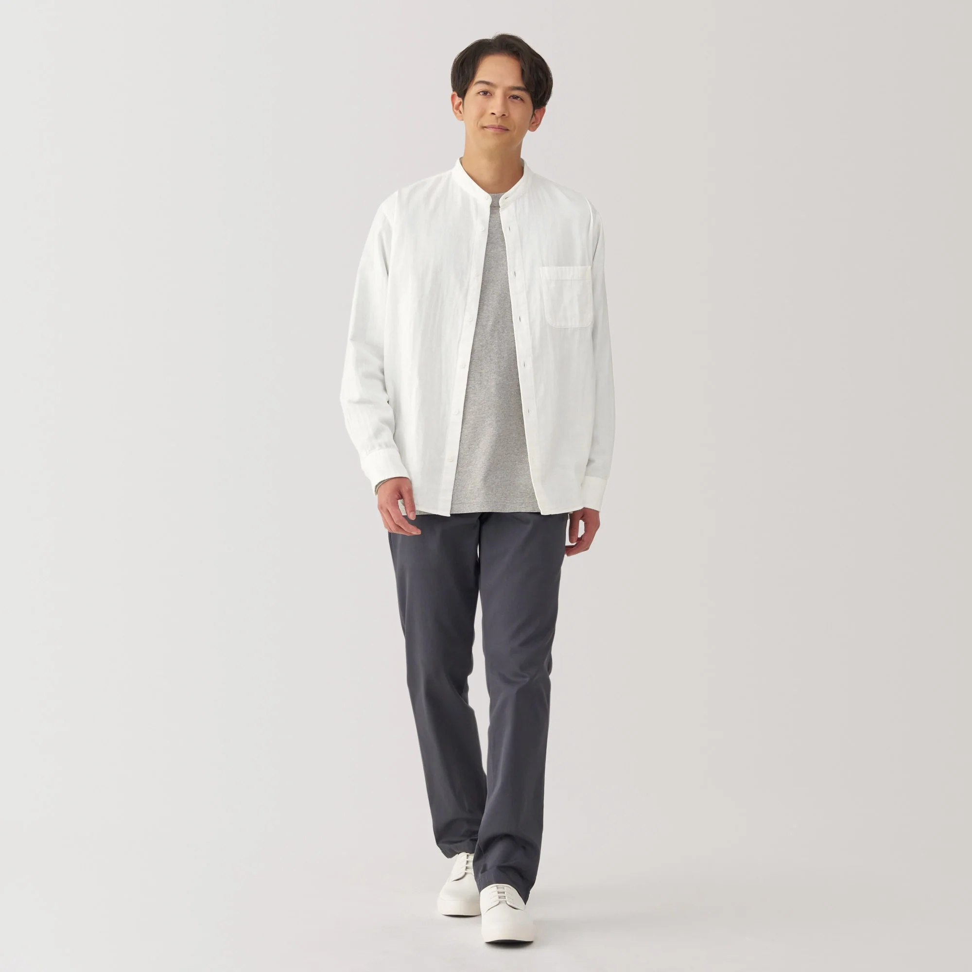 Men's Kapok Blend Double Gauze Stand Collar Long Sleeve Striped Shirt - Image 4