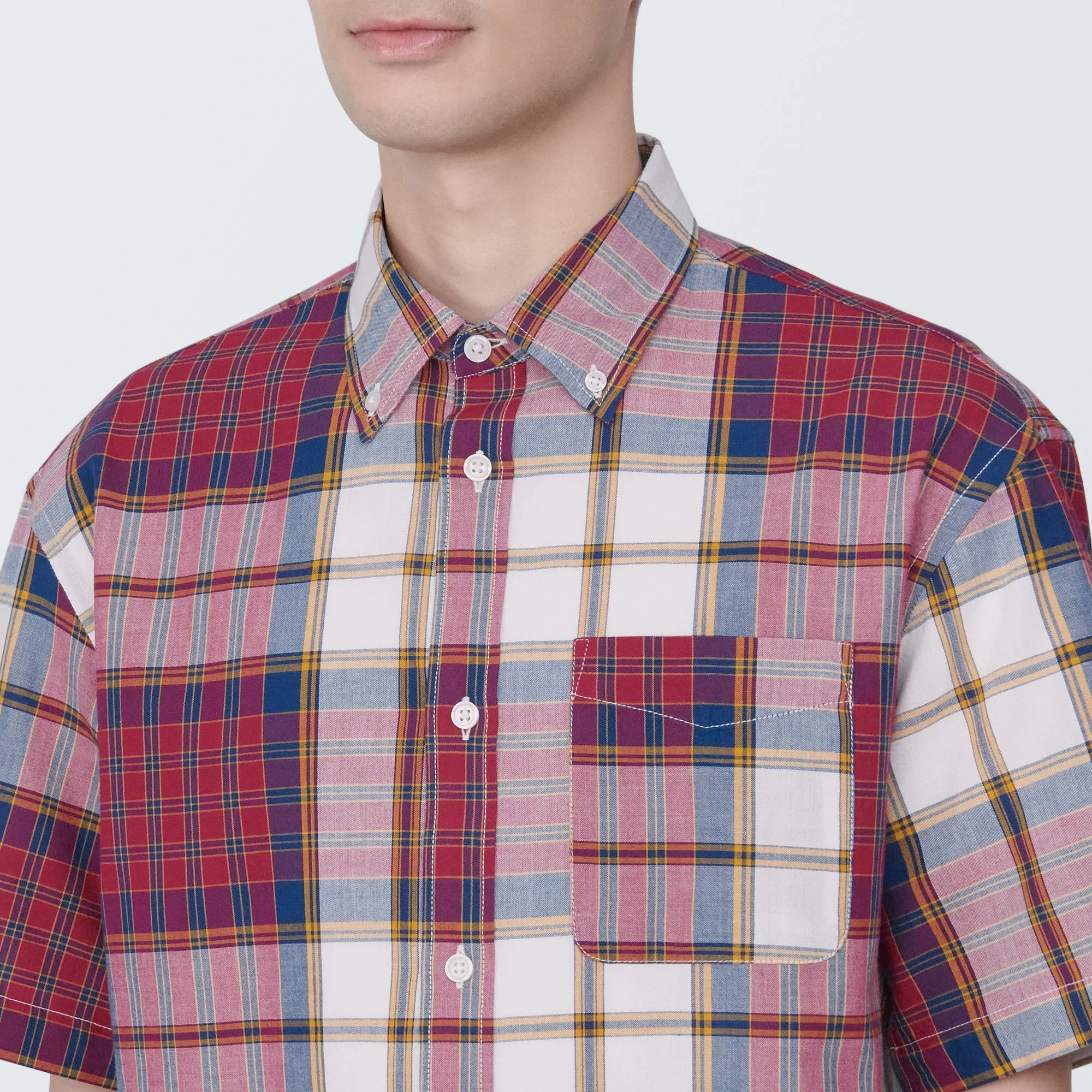 Men's Madras Check Button Down Short Sleeve Shirt - Image 15
