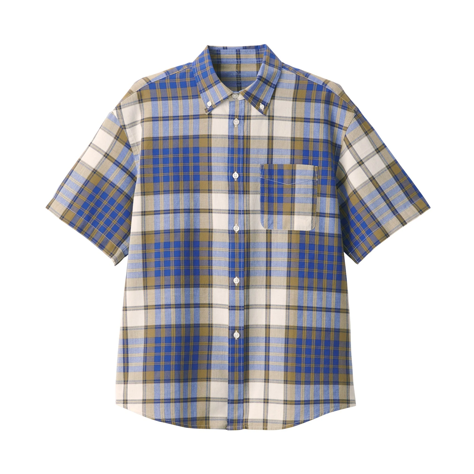 Men's Madras Check Button Down Short Sleeve Shirt - Image 18
