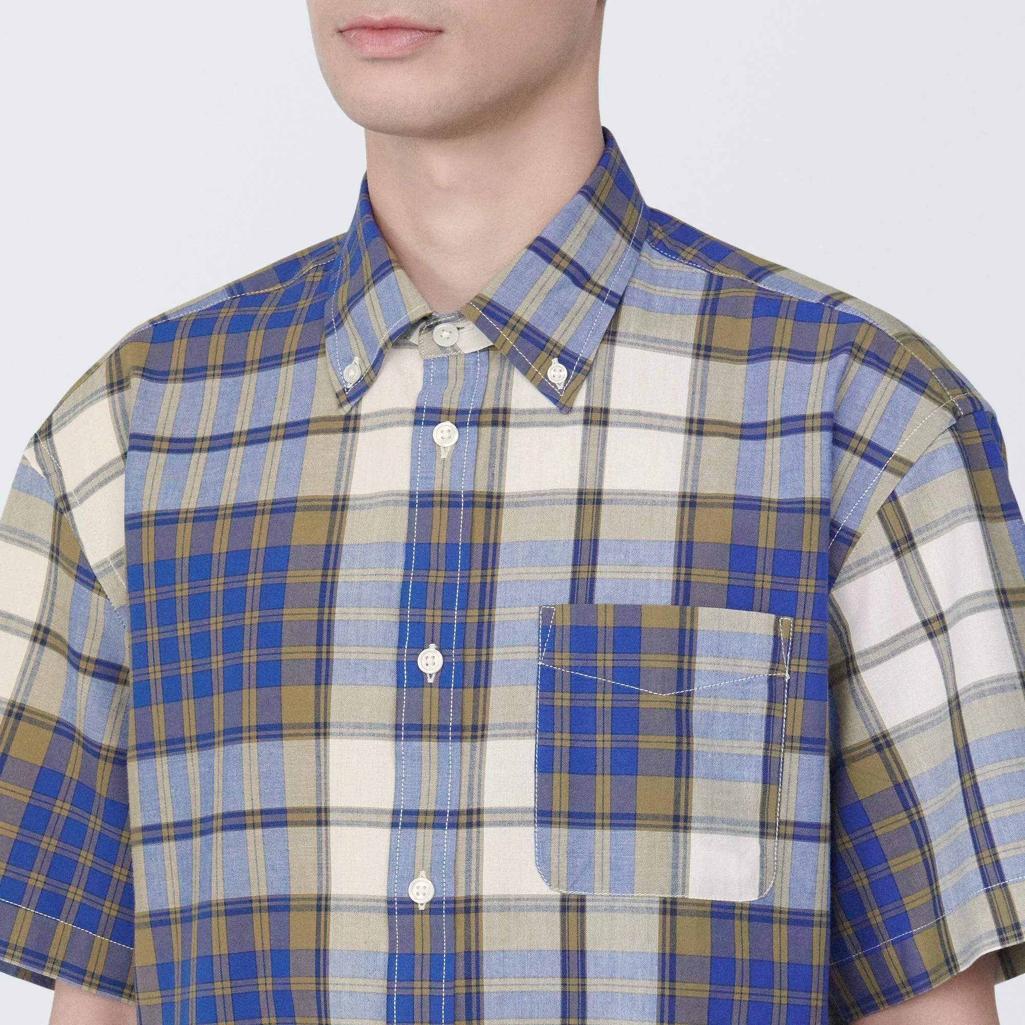 Men's Madras Check Button Down Short Sleeve Shirt - Image 23