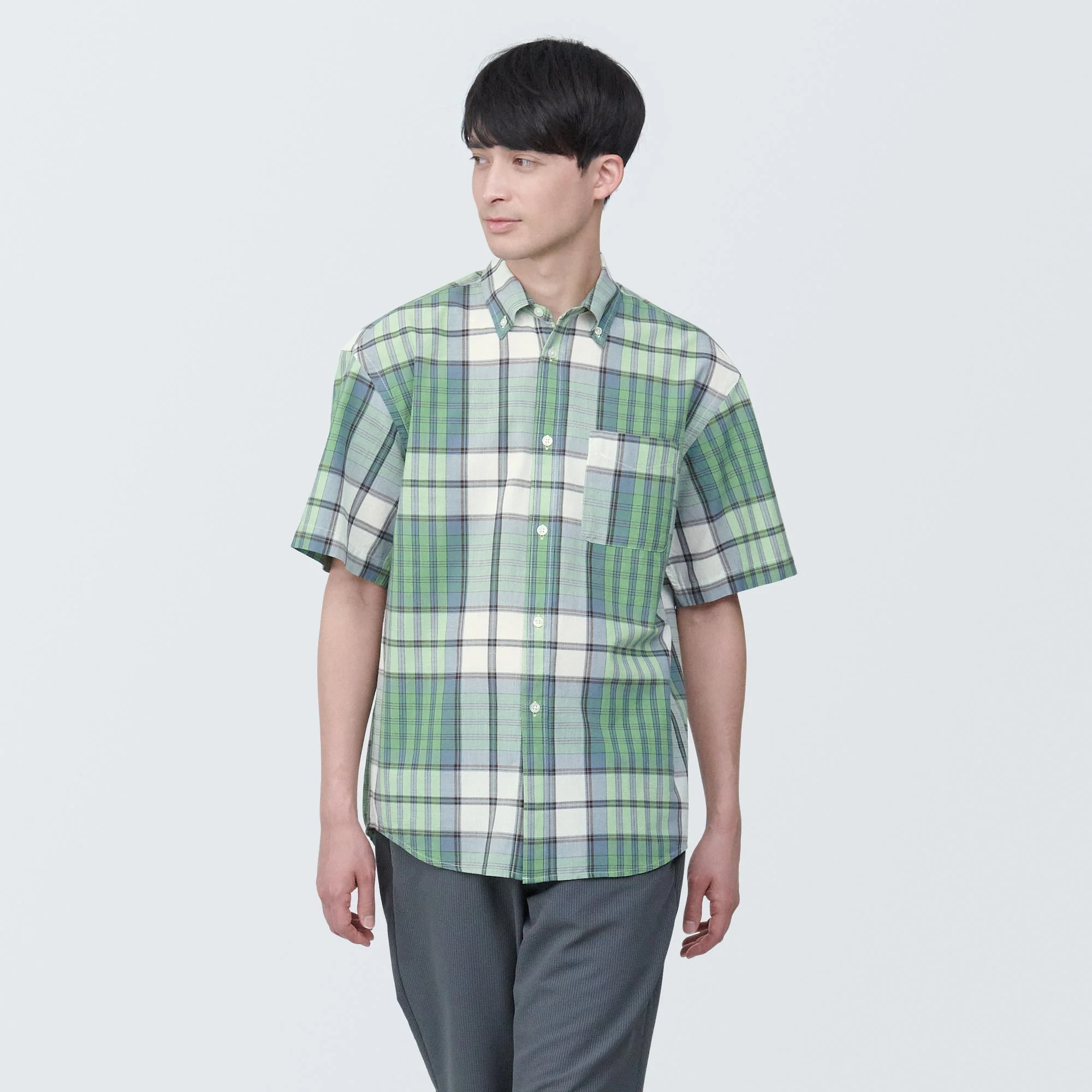 Men's Madras Check Button Down Short Sleeve Shirt - Image 3