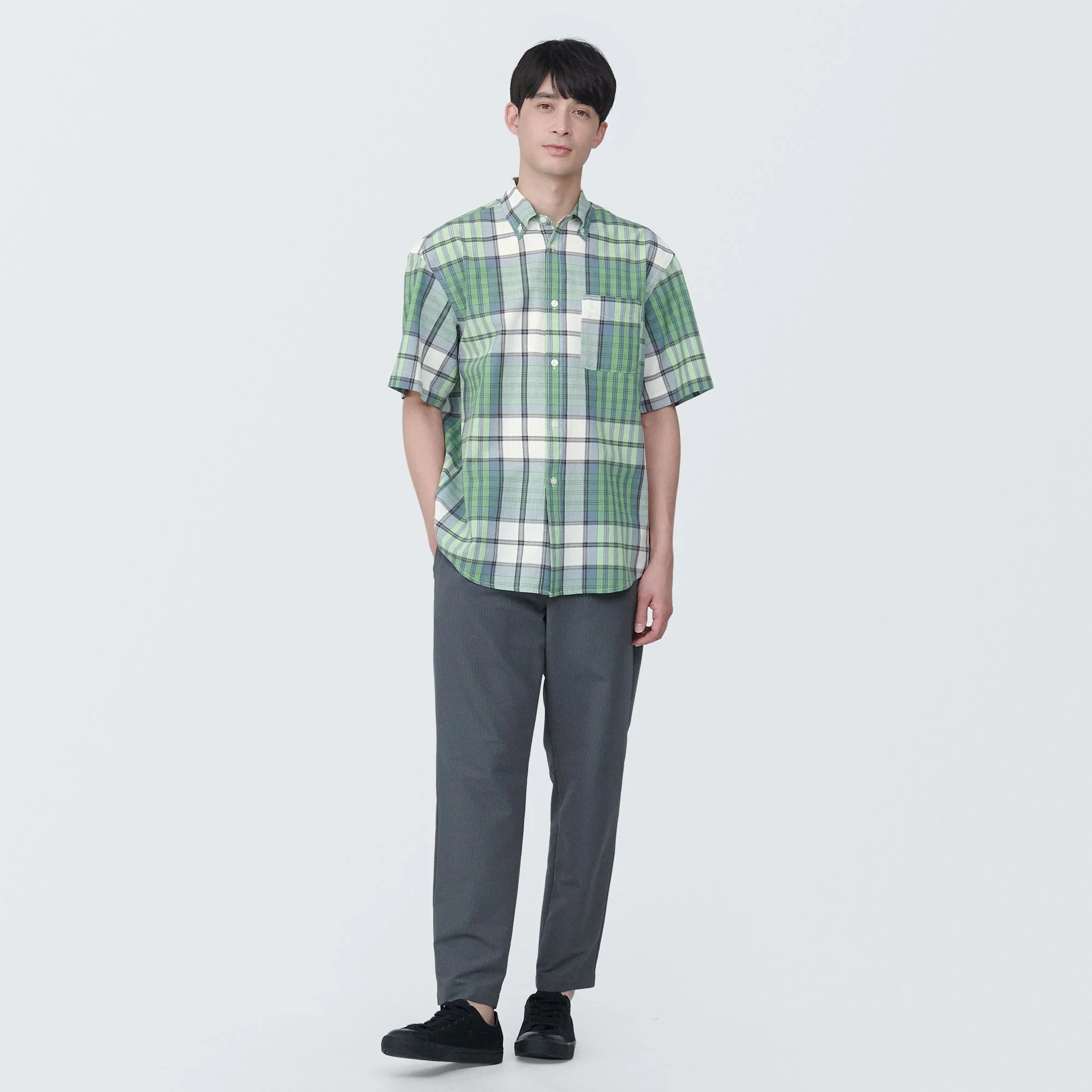 Men's Madras Check Button Down Short Sleeve Shirt - Image 4