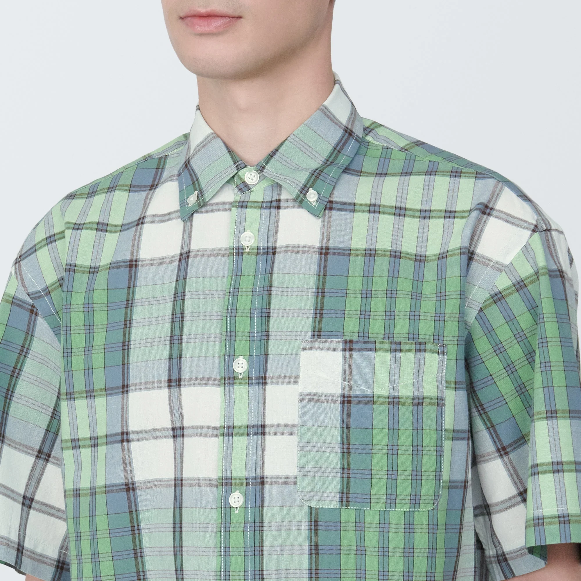 Men's Madras Check Button Down Short Sleeve Shirt - Image 7