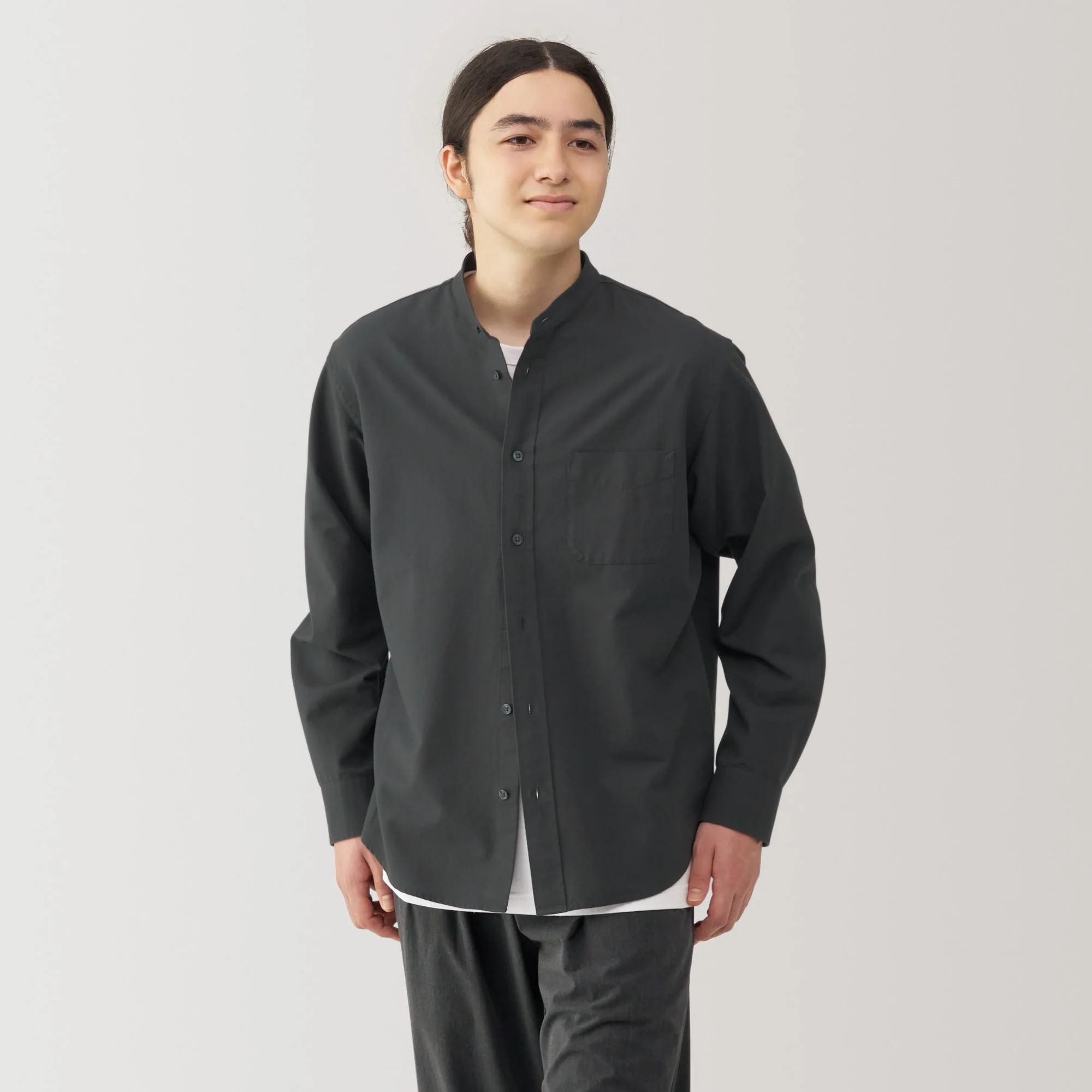 Men's Washed Oxford Stand Collar Long Sleeve Shirt - Image 11