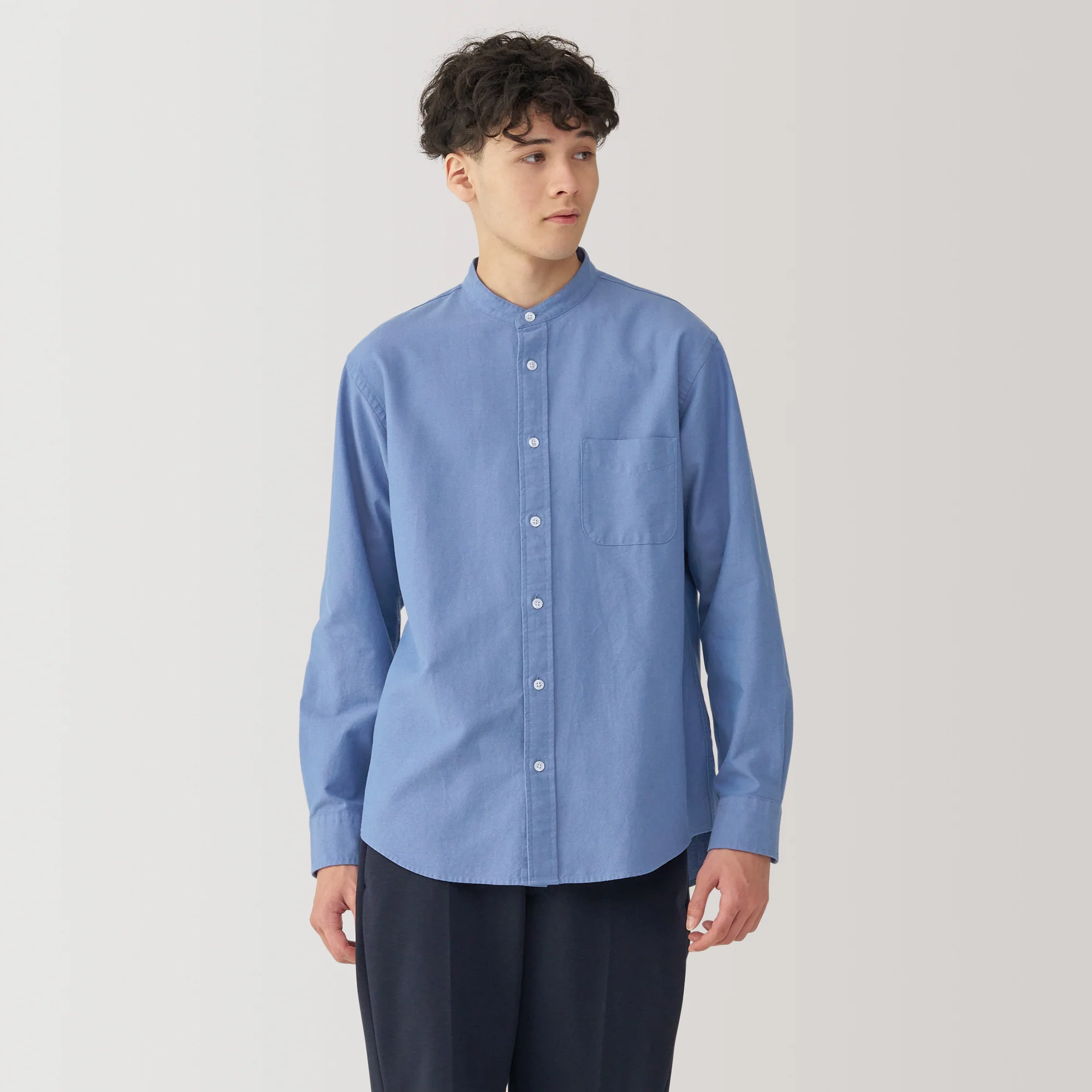 Men's Washed Oxford Stand Collar Long Sleeve Shirt - Image 27