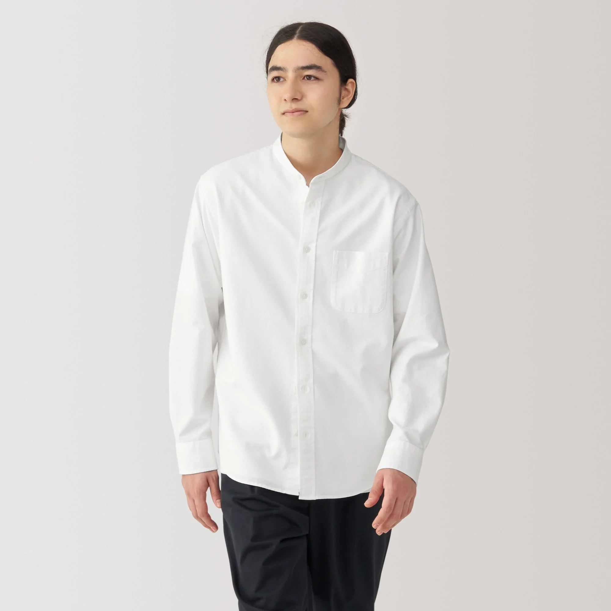 Men's Washed Oxford Stand Collar Long Sleeve Shirt - Image 3