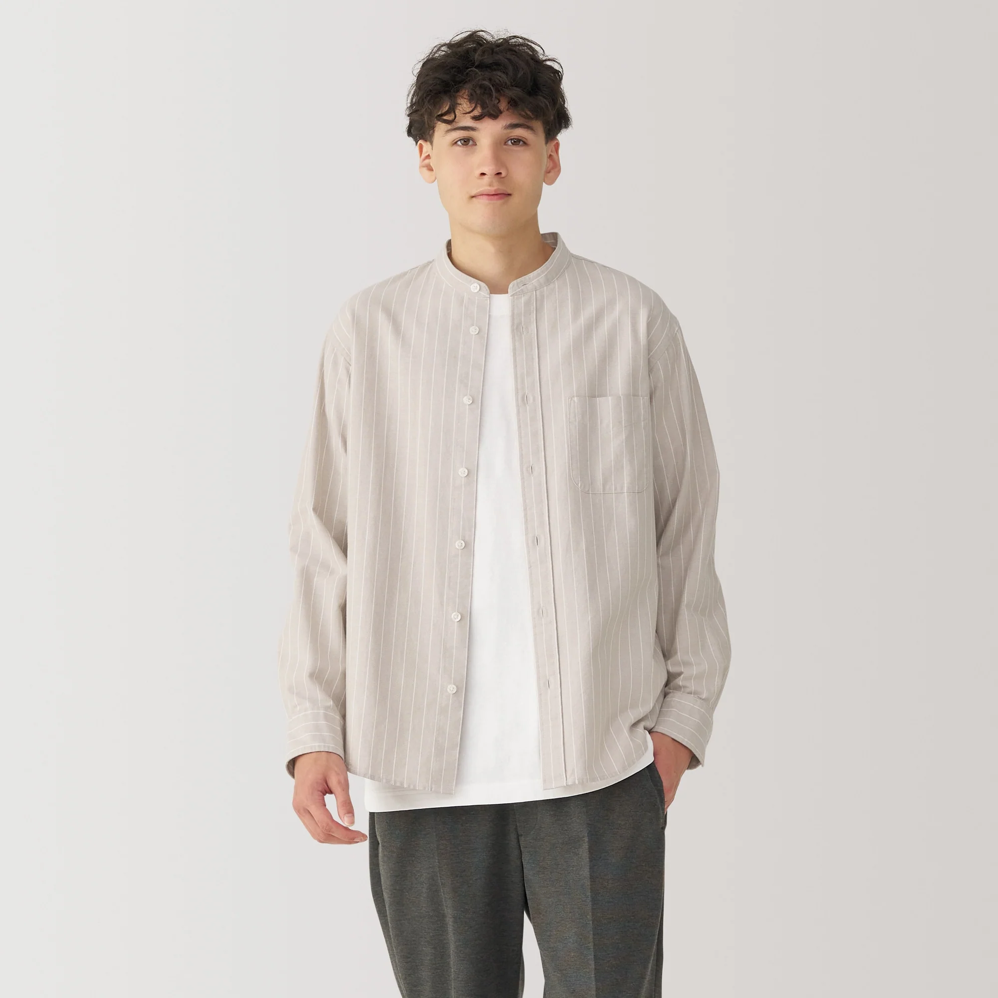 Men's Washed Oxford Stand Collar Long Sleeve Shirt - Image 35