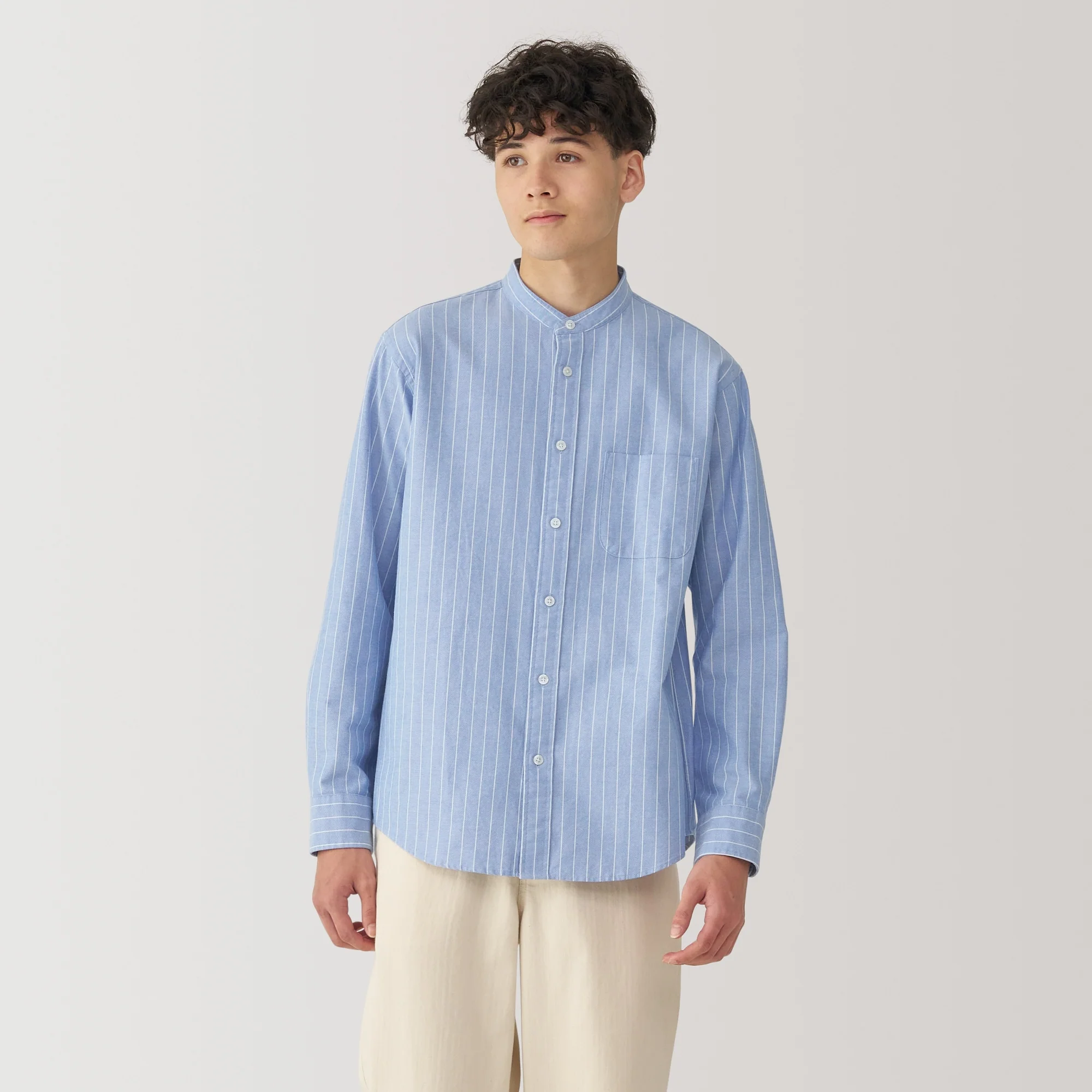 Men's Washed Oxford Stand Collar Long Sleeve Shirt - Image 43