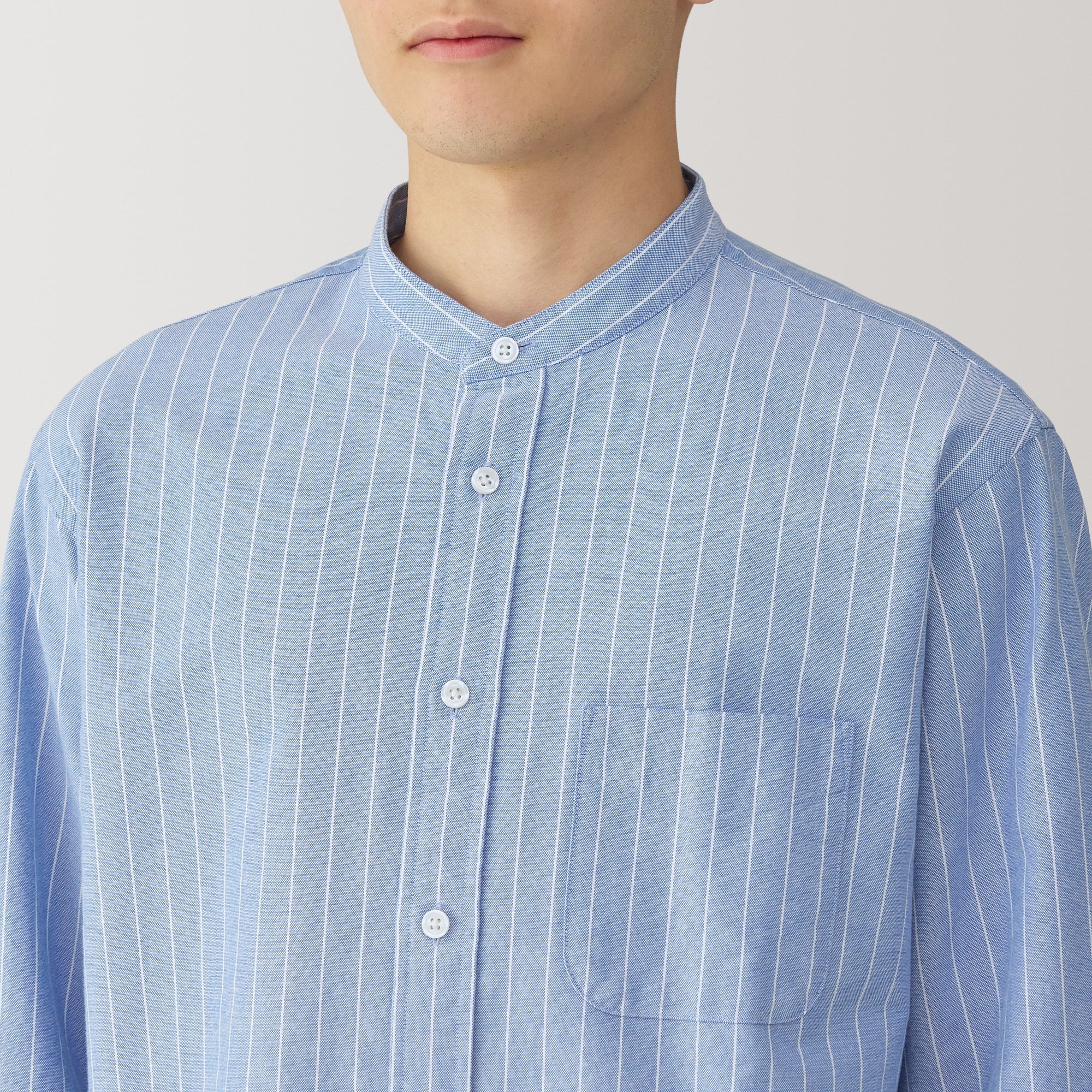 Men's Washed Oxford Stand Collar Long Sleeve Shirt - Image 47