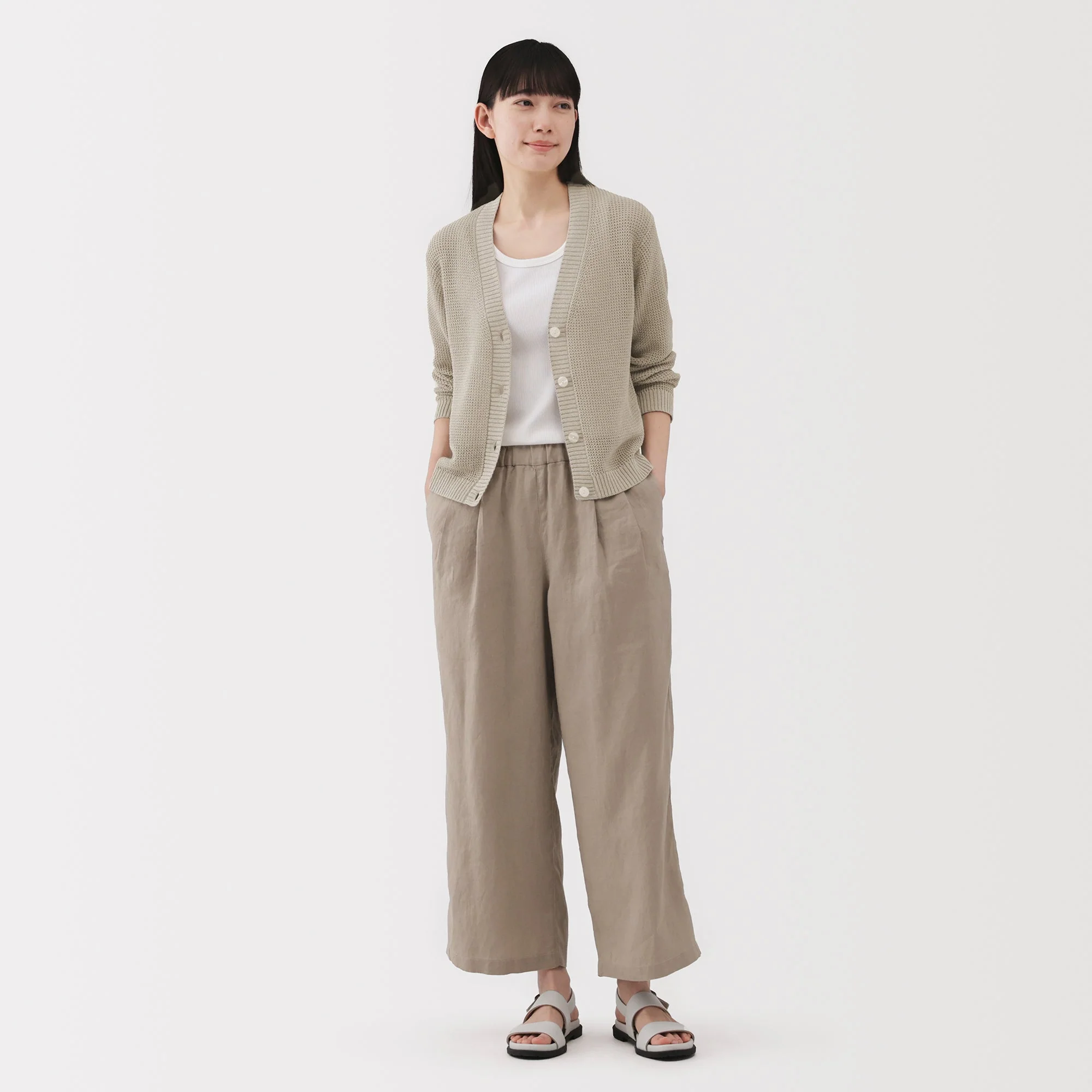 Women's Linen Blend Mesh V Neck Cardigan - Image 11