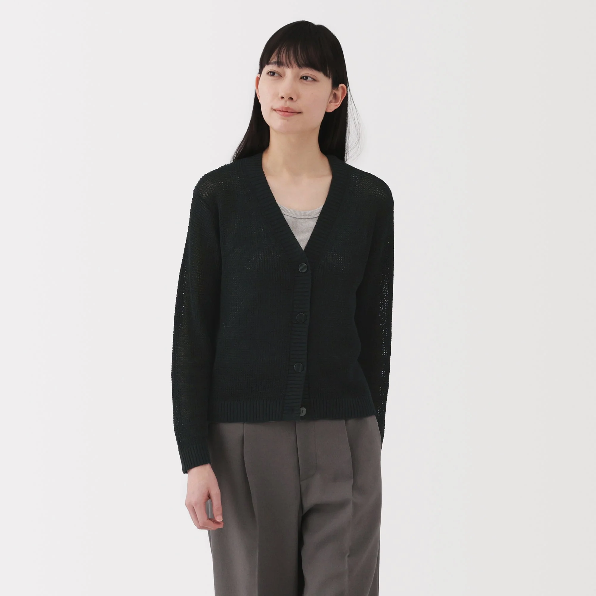 Women's Linen Blend Mesh V Neck Cardigan - Image 3