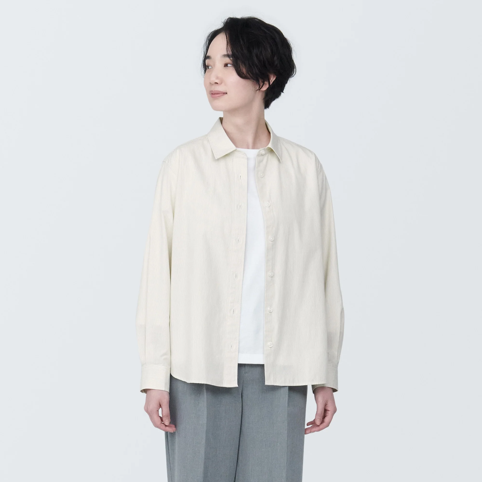 Women's Washed Broad Regular Collar Long Sleeve Striped Shirt