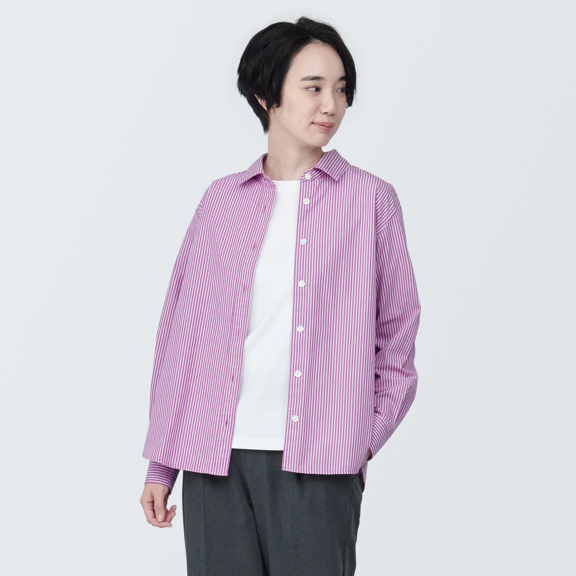 Women's Washed Broad Regular Collar Long Sleeve Striped Shirt - Image 12
