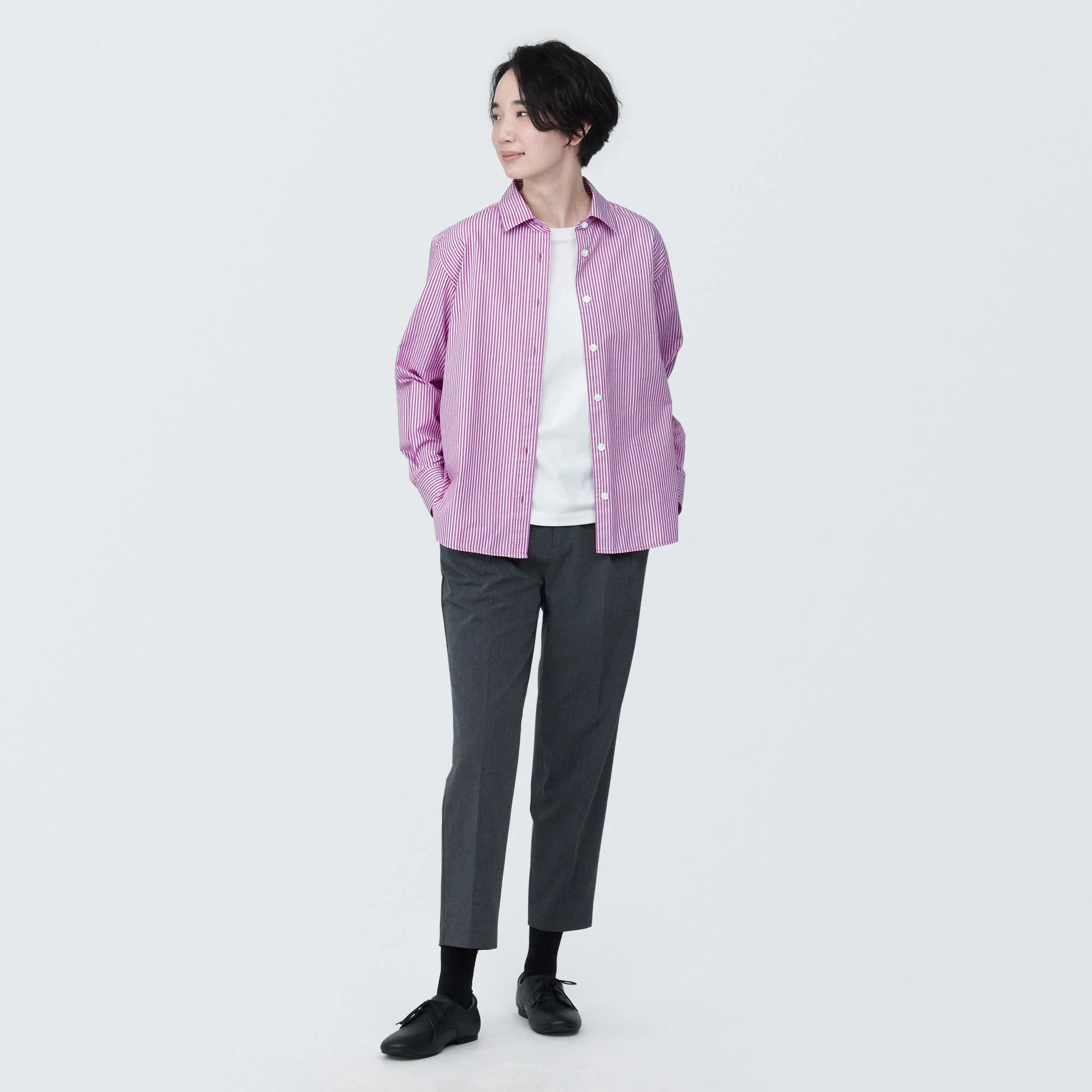 Women's Washed Broad Regular Collar Long Sleeve Striped Shirt - Image 13