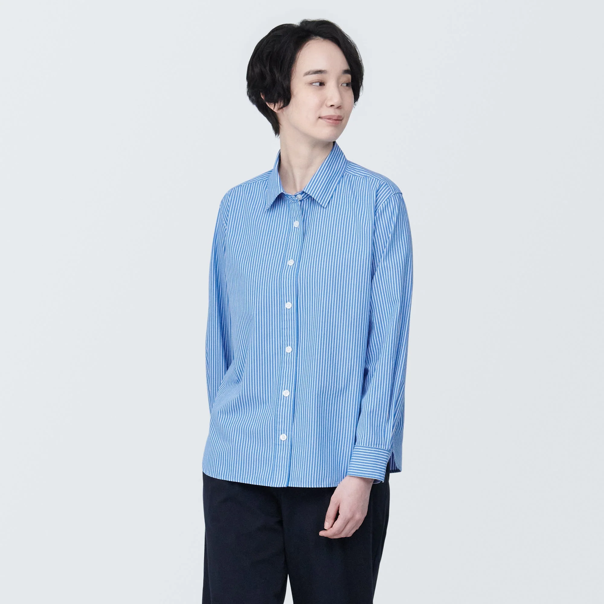 Women's Washed Broad Regular Collar Long Sleeve Striped Shirt - Image 30