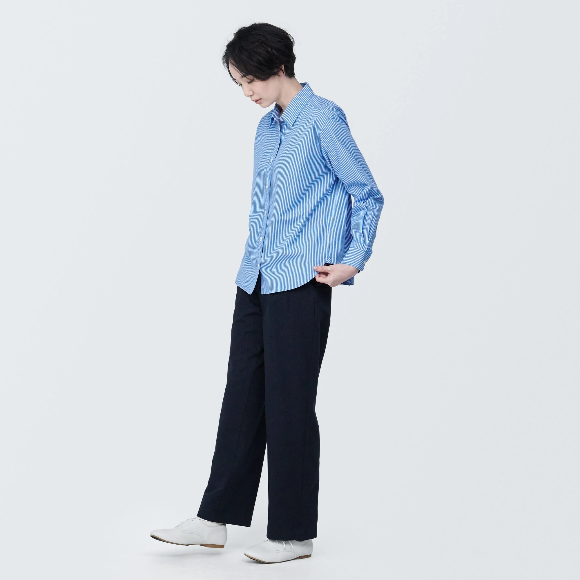 Women's Washed Broad Regular Collar Long Sleeve Striped Shirt - Image 31