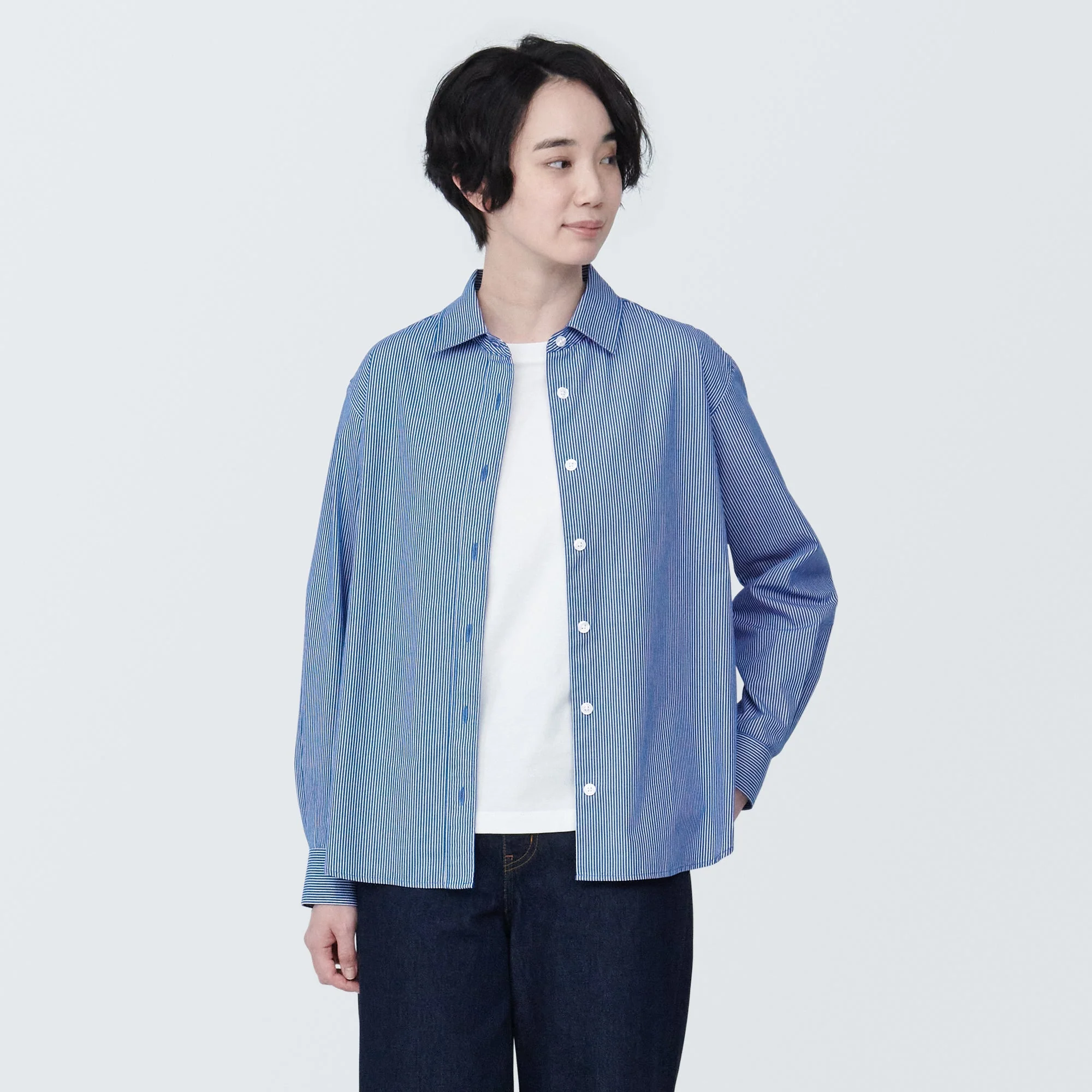 Women's Washed Broad Regular Collar Long Sleeve Striped Shirt - Image 39